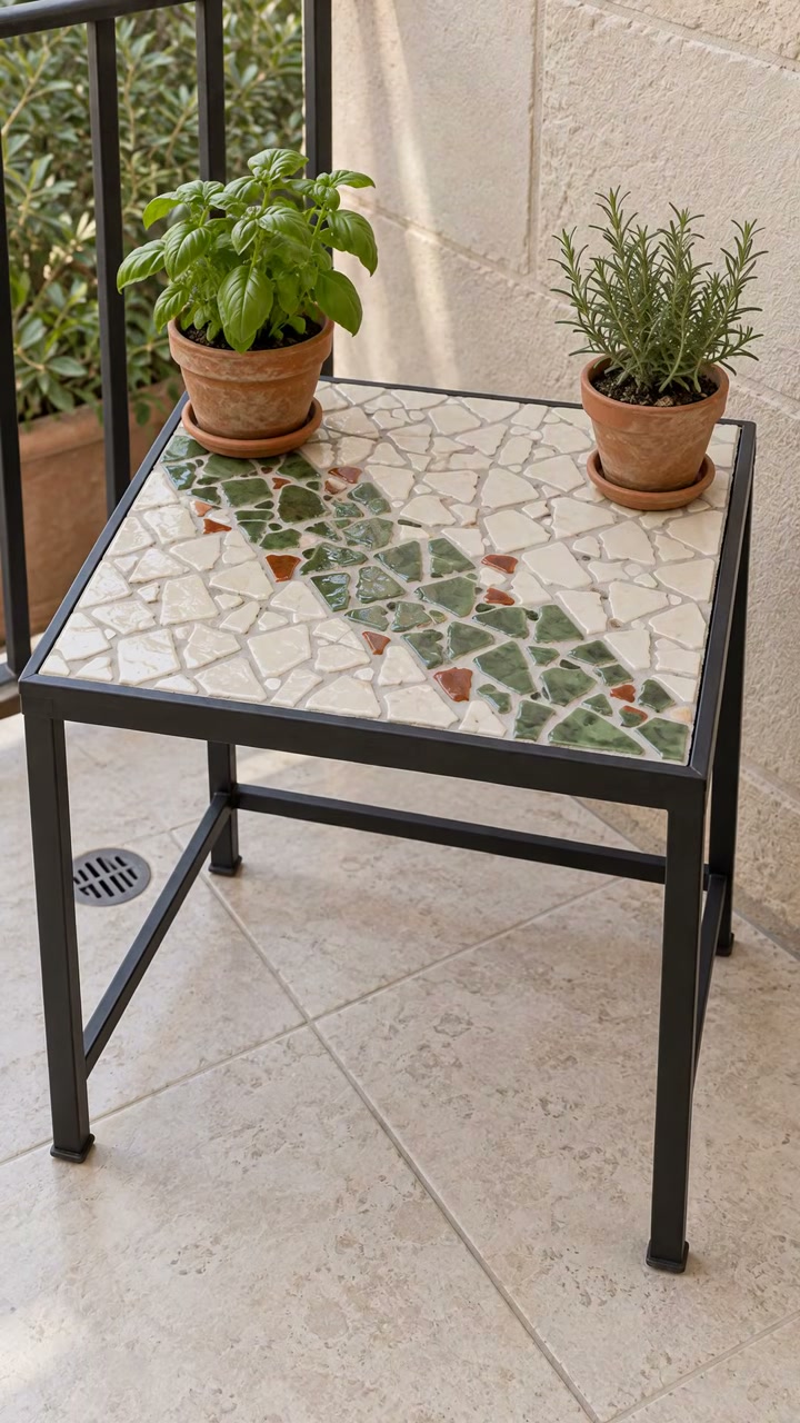The finished mosaic balcony table with terracotta pots from our AI transformation